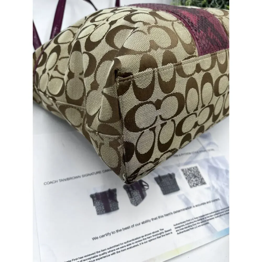 Authenticated F25706 Raspberry Snakeskin Tan Brown Signature Logo‎ Tote Bag
